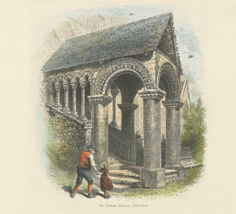 Antique Hand-Coloured Engraving, The Norman Staircase, Canterbury, c.1870s, close-up 1