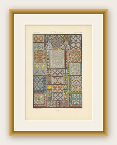 Pl. 45 Antique Print of Middle Ages Ornaments by Racinet, circa 1890, shown framed