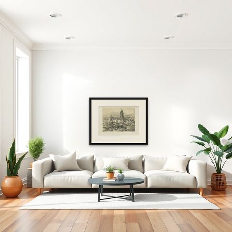 Santo Domingo Tower Lima Peru, Antique Lithograph c.1865, shown framed in a room, true to size