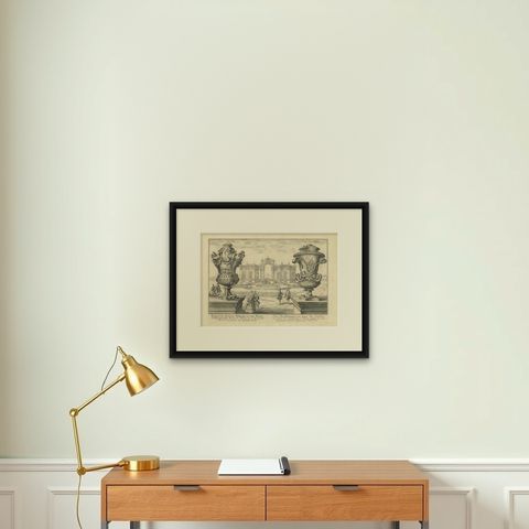 Antique Print of Two Vases and a Building in Vienna by Fischer von Erlach, 1725, shown framed on a wall, true to size