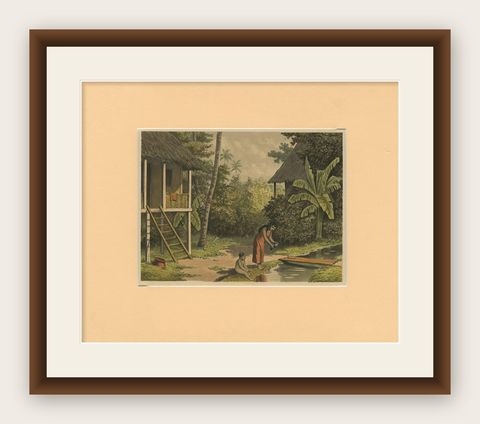 Antique Print of a House in Oleh-Leh, on Atjeh 'Sumatra, Indonesia' by Perelaer, shown framed