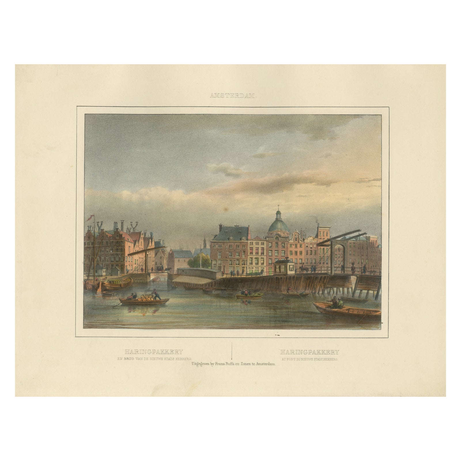 Antique View of Amsterdam’s Haringpakkerij and Nieuwe Stadsherberg Bridge, c1850