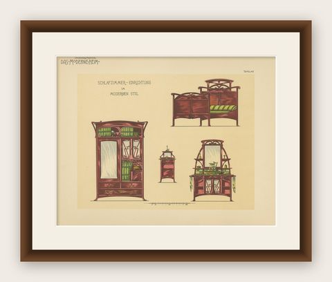 Pl. 48 Antique Print of Bedroom Furniture by Kramer, circa 1910, shown framed
