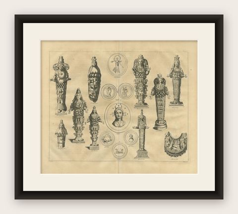 Antique Roman Ephesian Artemis Statues, Montfaucon Classical Engraving 1721, shown framed