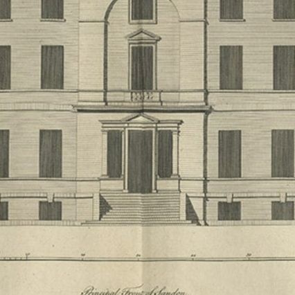 Antique Architectural Elevation of Sandon Hall, Staffordshire in England, c.1770, close-up 1