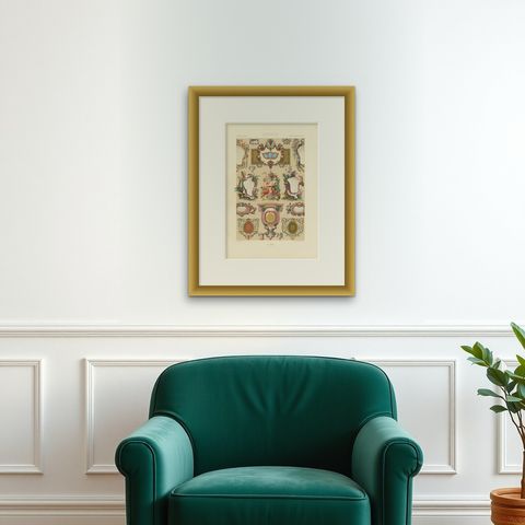 Pl. 93 Antique Print of XVIIIth Century Ornaments by Racinet (c.1890), shown framed on a wall, true to size
