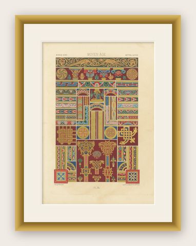 Middle Ages Decorative Ornament, Rich Romanesque Borders & Motifs, c.1869, shown framed