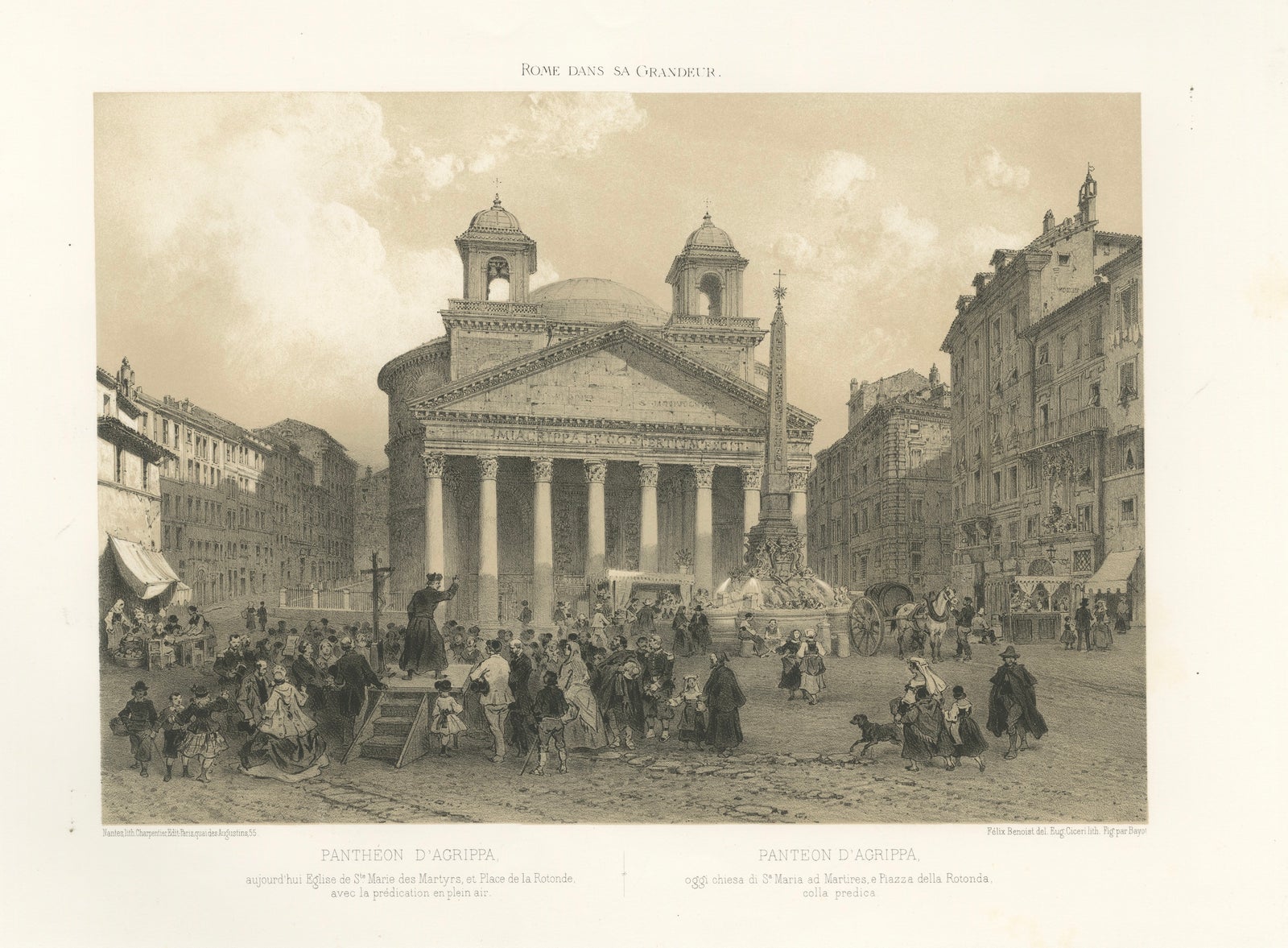 The Pantheon and Piazza della Rotonda, Rome, Benoist 1869 Lithograph