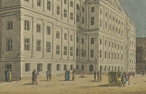Antique View of the Amsterdam Town Hall, Hand-Colored Engraving c.1818, close-up 1