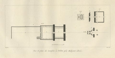 Temple Ruins at Thebes with Architectural Plan, Egypt, Antique Engraving, c.1802, close-up 1