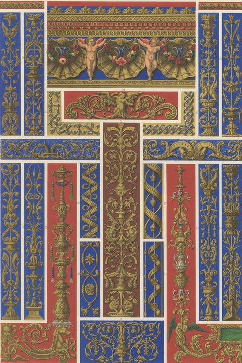 Renaissance Architectural Ornament, Gilded Scrollwork & Cherubs, Pl. LXVI, 1869, close-up 6