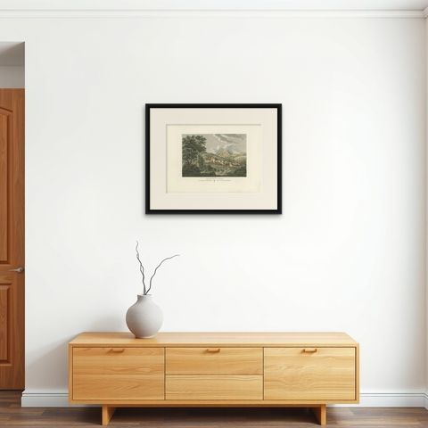 Antique Print of the Palace of St. Ildephonse in Spain, c.1820, shown framed on a wall, true to size