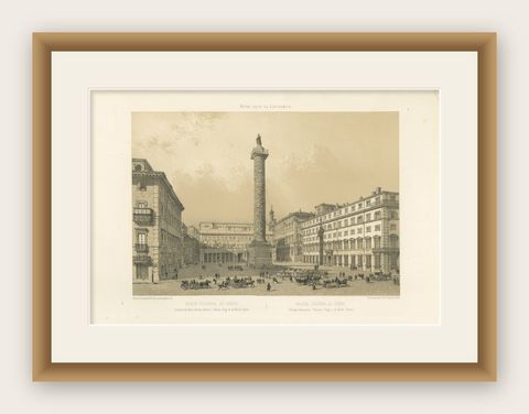Piazza Colonna and Column of Marcus Aurelius, Rome, Benoist 1869 Lithograph, shown framed