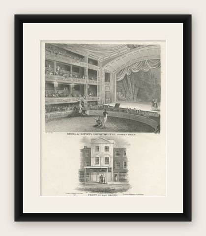 Old Print of Astley's Amphitheatre, South of Westminster Bridge, London, 1815, shown framed