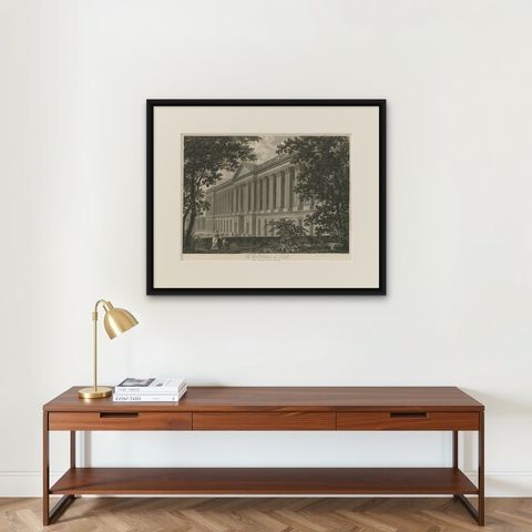 Antique Louvre Paris Colonnade Architectural Engraving, French Neoclassical 1803, shown framed on a wall, true to size