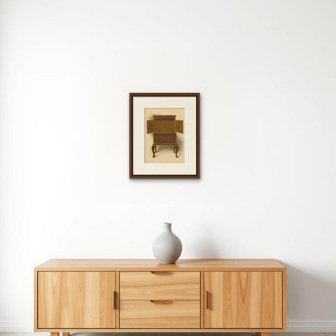 Antique Print of English Furniture ‘Walnut Cabinet E. Dent’ by P. Macquoid, shown framed on a wall, true to size