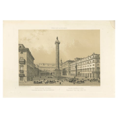 Piazza Colonna and Column of Marcus Aurelius, Rome, Benoist 1869 Lithograph