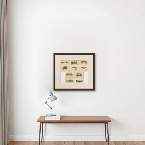 Set of 10 Antique Prints of Various Furniture by Sheraton '1805', shown framed on a wall, true to size