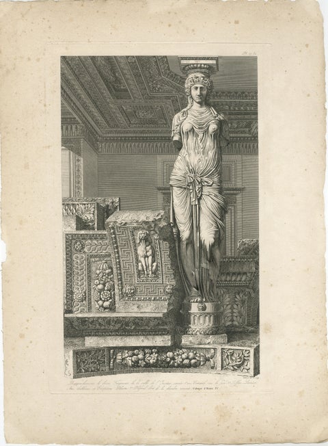 Architectural Engraving of a Caryatid, Cabinet d'Henri IV, by Baltard, ca.1800, view 2