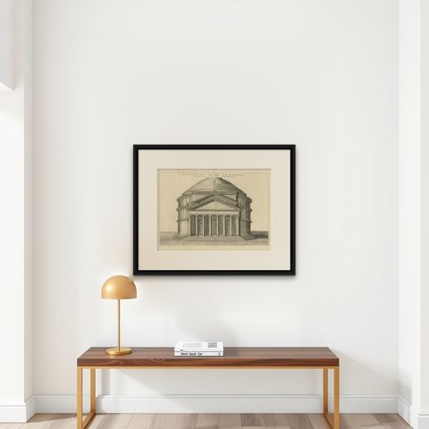 Eternal Echoes Engraved: The Pantheon, Rome's Ancient Marvel, circa 1705, shown framed on a wall, true to size