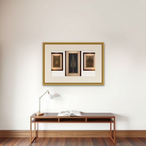 Monumental Bavarian Altars, Architectural Triptych, Munich 1874, shown framed on a wall, true to size