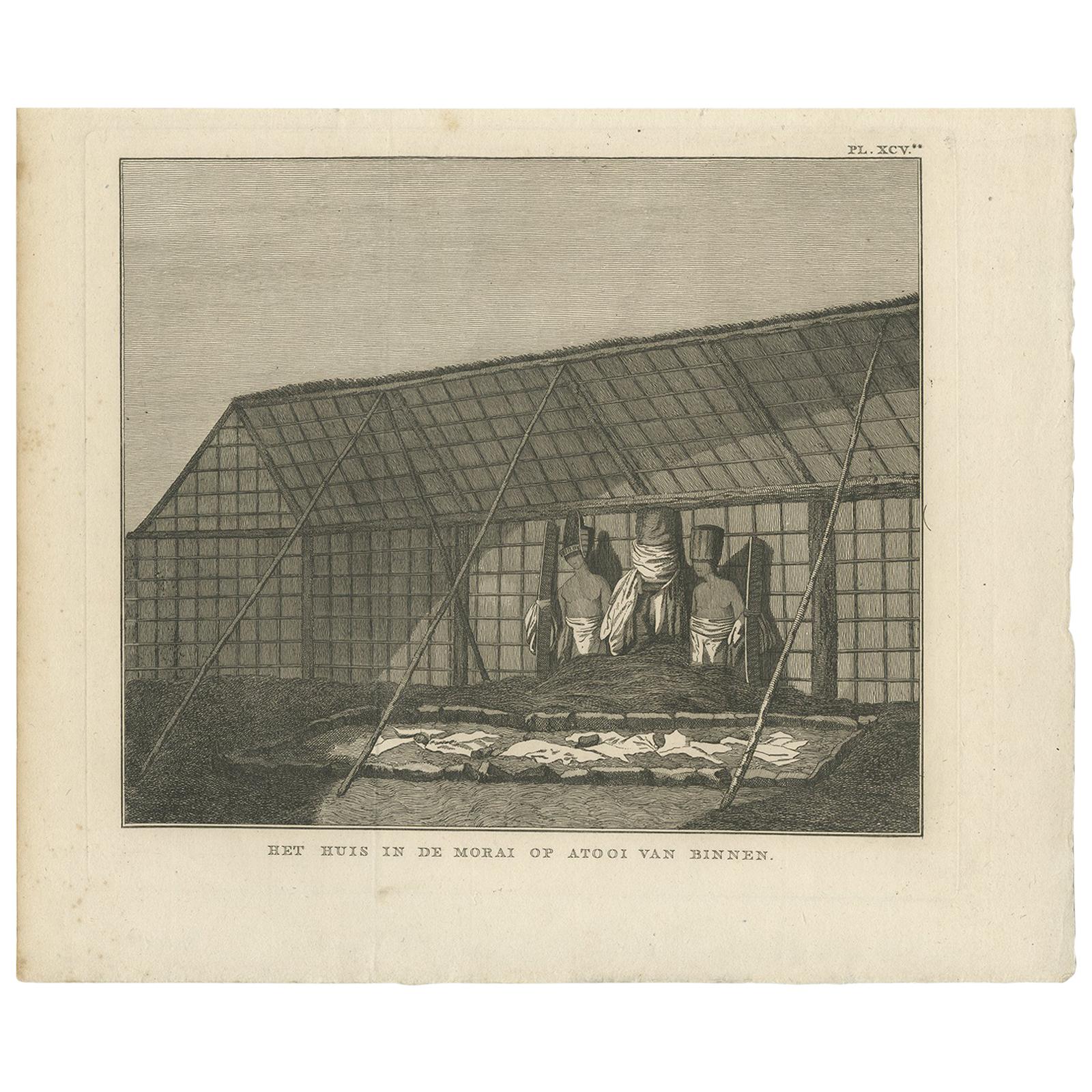Antique Print of a House in Atooi by Cook, 1803