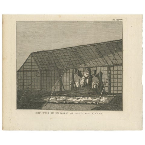 Antique Print of a House in Atooi by Cook, 1803
