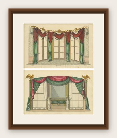Set of 2 Antique Prints of Windows and Drapery by Sheraton '1805', shown framed