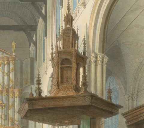 Antique View of Nieuwe Kerk Interior, Amsterdam, Hand-Colored Lithograph, c.1850, close-up 4