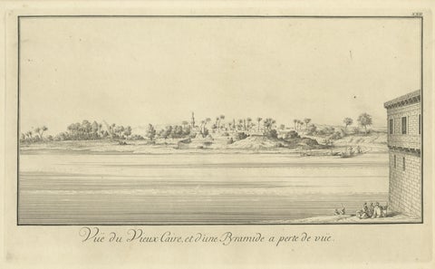 Old Cairo on the Nile with Distant Pyramids, Antique Egypt Engraving, c.1755, close-up 1