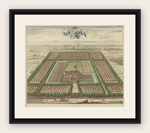 Print of the Soetendale Estate, Between Grijps and Serooskerke in Zeeland, 1696, shown framed