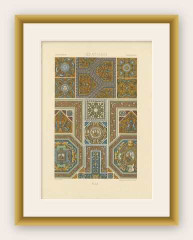 Renaissance Ceiling Designs, Antique Architectural Print, Plate LX, 1869, shown framed