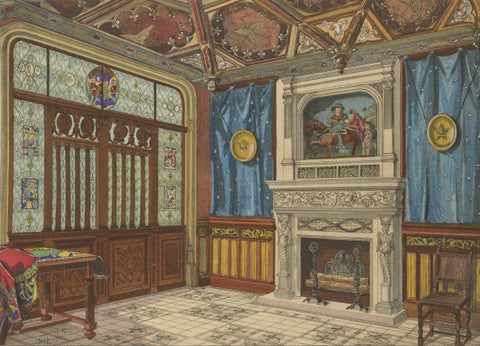 Medieval Revival Office Interior with Monumental Fireplace, c.1900, close-up 2