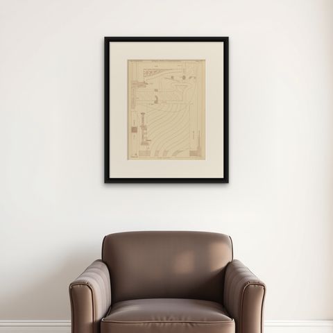 Pl. 77 Antique Print of Furniture Details by Kramer, circa 1910, shown framed on a wall, true to size