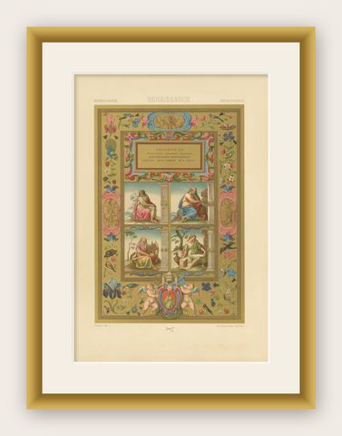 Pl. 61 Antique Print of Renaissance Ornaments by Racinet, 'circa 1890', shown framed