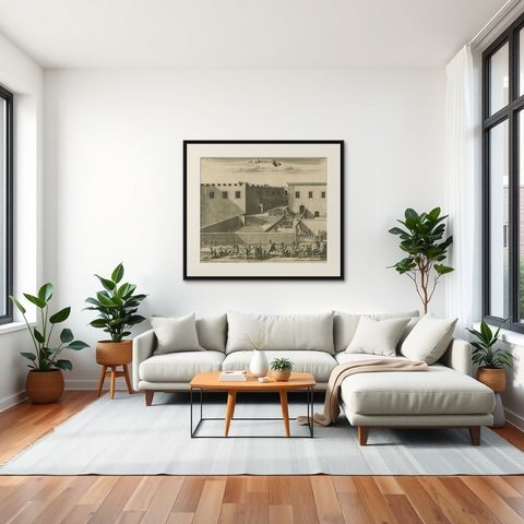 Antique Print of the Palace of Pontius Pilatus in Jerusalem, 1677, shown framed in a room, true to size
