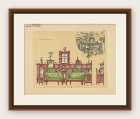 Pl. 8 Antique Print of Salon Furniture by Kramer 'circa 1910', shown framed