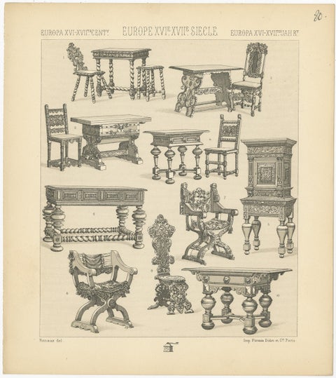 Pl. 80 Antique Print of European XVIth-XVIIth Furniture by Racinet, circa 1880, view 4