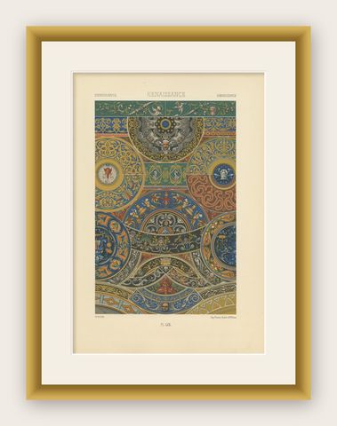 Pl. 59 Antique Print of Renaissance Ornaments by Racinet, circa 1890, shown framed