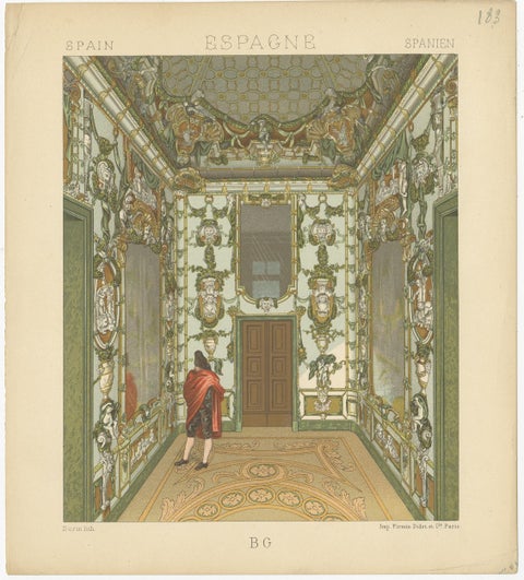 Pl. 183 Antique Print of Spanish Interior by Racinet, 'circa 1880', view 2