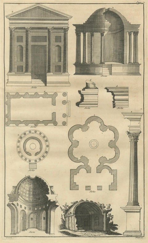 Antique Neoclassical Architecture Engraving by Montfaucon, 1721, close-up 1
