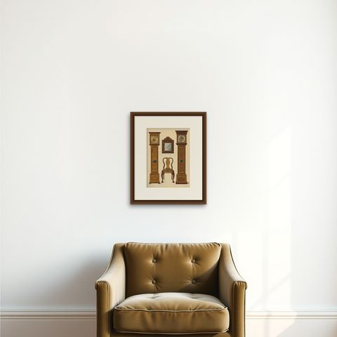 Antique Print of English Furniture 'Clocks, Mirror, Chair' by P. Macquoid, 1906, shown framed on a wall, true to size