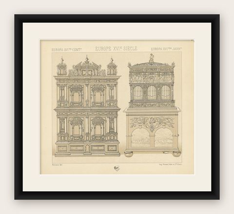 Pl. 49 Antique Print of European XVIth Century Furniture by Racinet, circa 1880, shown framed