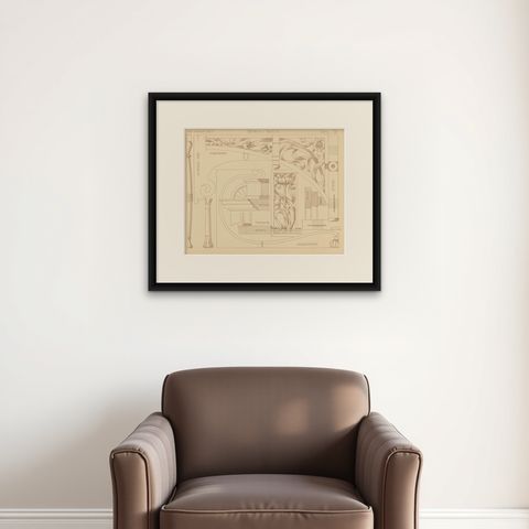 Pl. 38 Antique Print of Furniture Details by Kramer 'circa 1910', shown framed on a wall, true to size