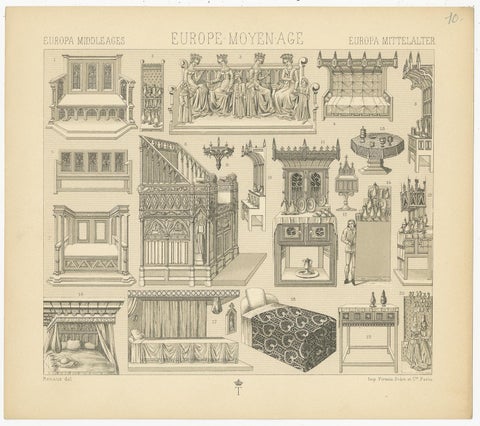 Pl. 10 Antique Print of European Middle Ages Furniture by Racinet, circa 1880, view 2