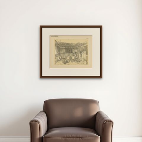 Decorative Antique Print of a Bedroom, Published circa 1910, shown framed on a wall, true to size