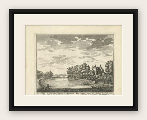 Antique Print of Estate Vijverhof by Stoopendaal, 1719, shown framed
