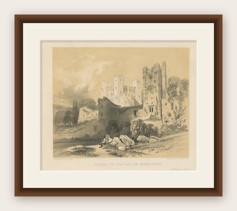 Old Print of an Idyllic Scene at the Historic Ruins of Rochester Castle, England, shown framed