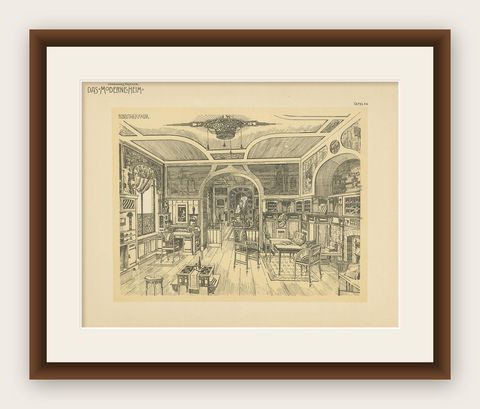 Decorative Antique Print of a Library, Published circa 1910, shown framed