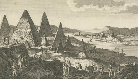 Egyptian Pyramids and the Nile, Antique Geography Engraving, c.1778, close-up 2
